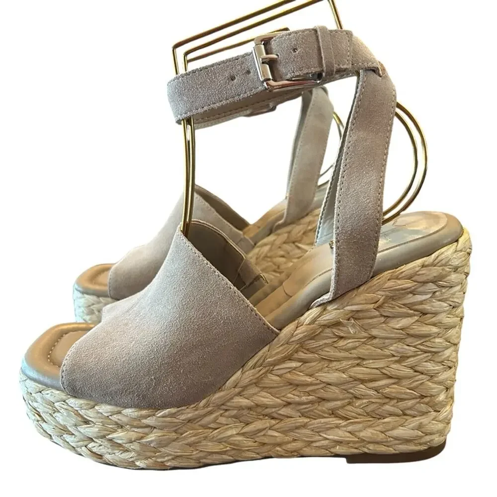 Marc Fisher Nelly Suede Espadrille Wedge Platform Heels Square Toe Taupe NEW 9.5
